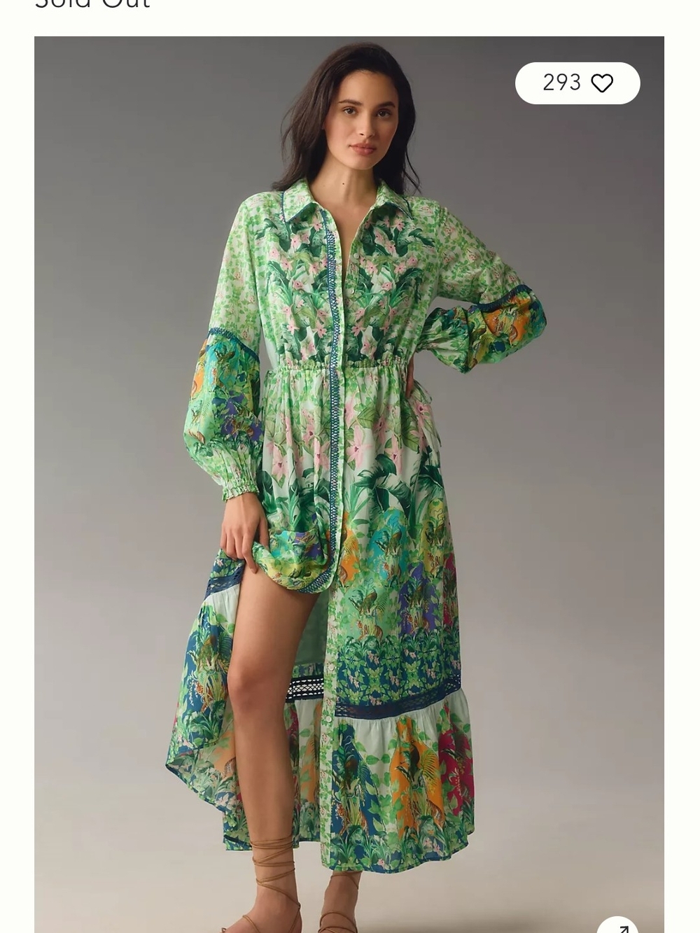 Anthropologie Green Tropical Floral High-Low Maxi Shirt Dress Size S